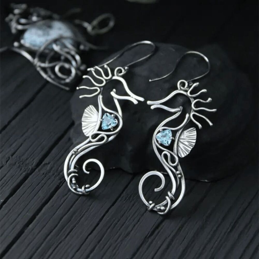 Silver Blue Topaz Seahorse Dangle Earrings